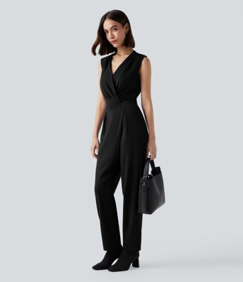 V-neck Sleeveless Work Tapered Jumpsuit with Pockets-Easy Peezy