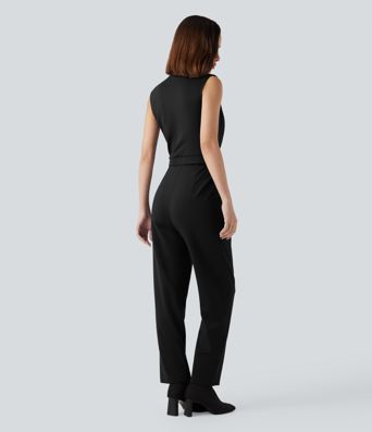 V-neck Sleeveless Work Tapered Jumpsuit with Pockets-Easy Peezy