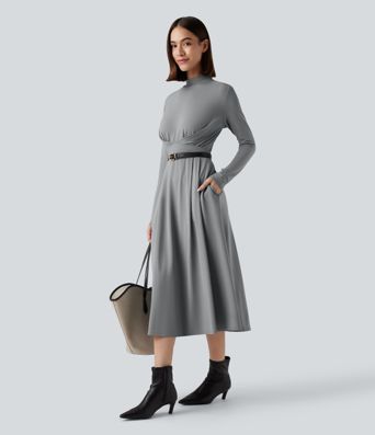 Vestido midi de trabajo de manga larga con cuello alto corto y bolsillos