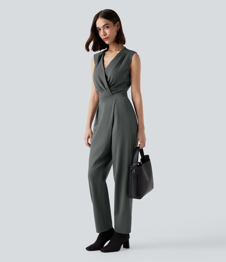 V-neck Sleeveless Work Tapered Jumpsuit with Pockets-Easy Peezy