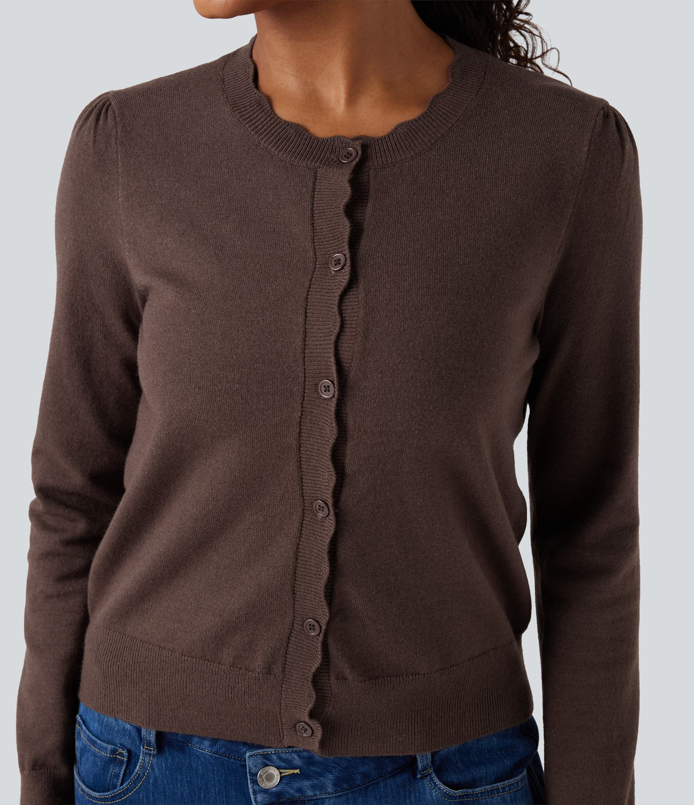 Cardigan décontracté col rond à manches longues avec ourlet festonné