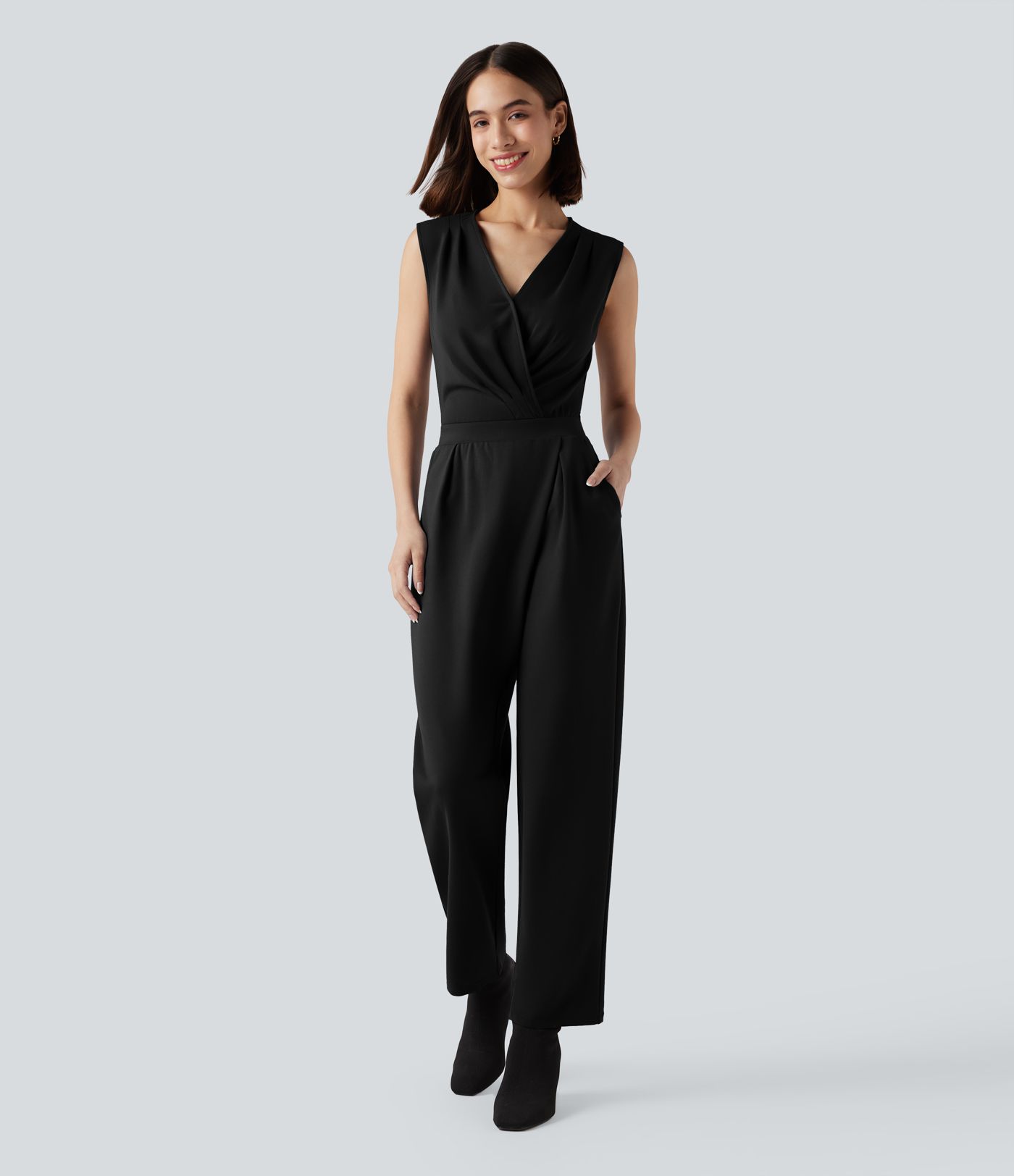 V-neck Sleeveless Work Tapered Jumpsuit with Pockets-Easy Peezy