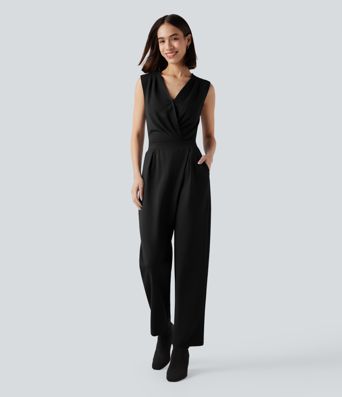 V-neck Sleeveless Work Tapered Jumpsuit with Pockets-Easy Peezy