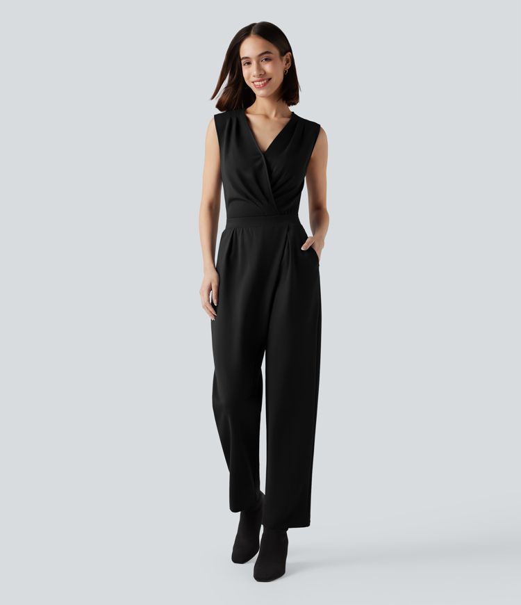V-neck Sleeveless Work Tapered Jumpsuit with Pockets-Easy Peezy