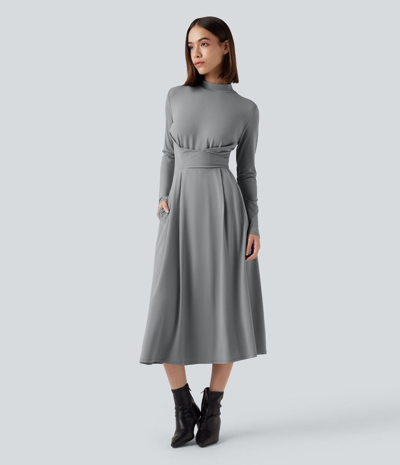 Vestido midi de trabajo de manga larga con cuello alto corto y bolsillos