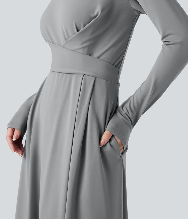 Robe de travail mi-longue col montant à manches longues avec poches