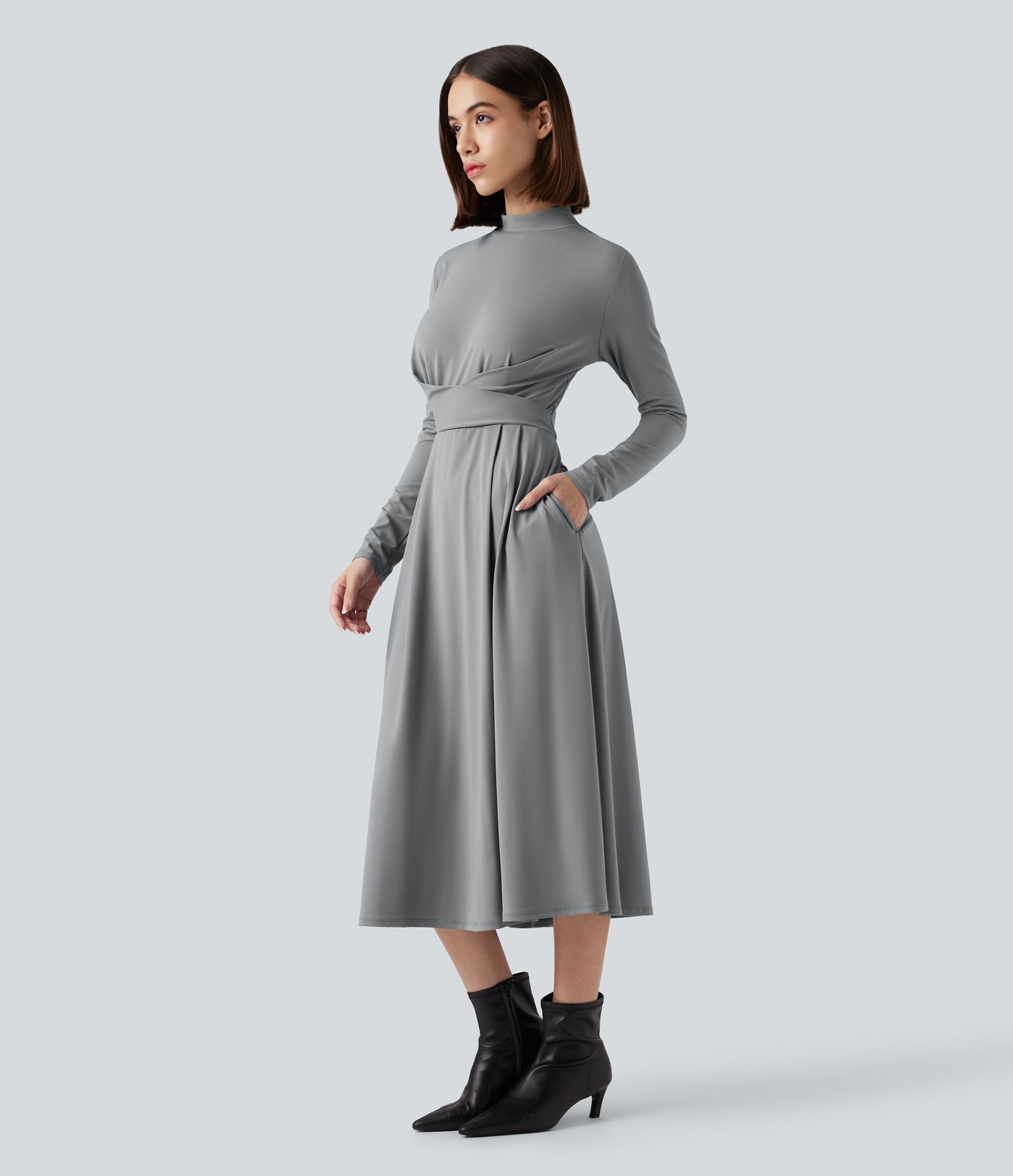 Vestido midi de trabajo de manga larga con cuello alto corto y bolsillos