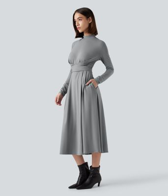 Vestido midi de trabajo de manga larga con cuello alto corto y bolsillos