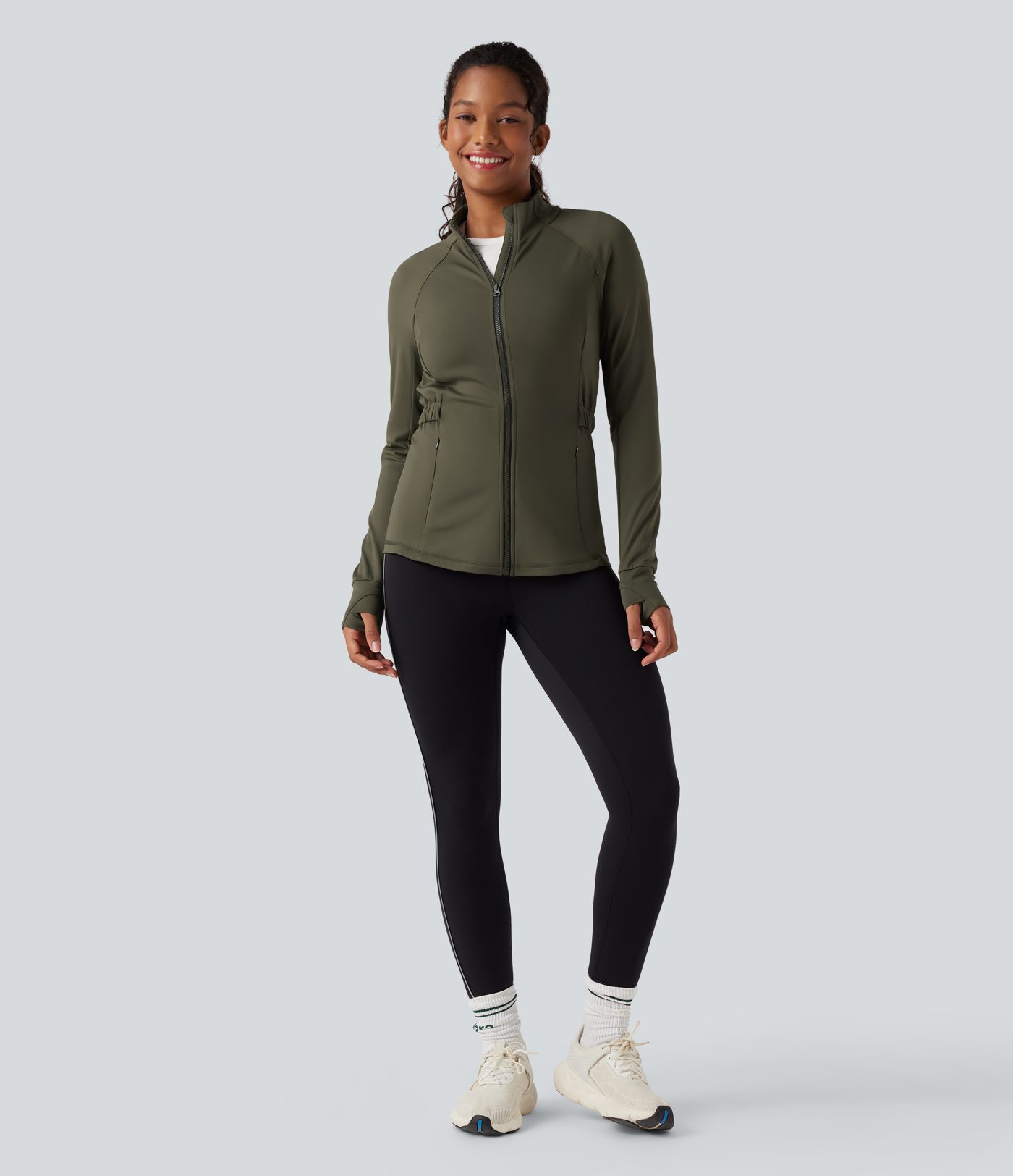 Veste polaire de randonnée déperlante col montant à manches longues avec passants pouces et poches