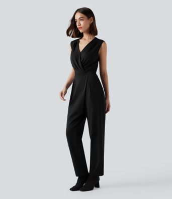 V-neck Sleeveless Work Tapered Jumpsuit with Pockets-Easy Peezy