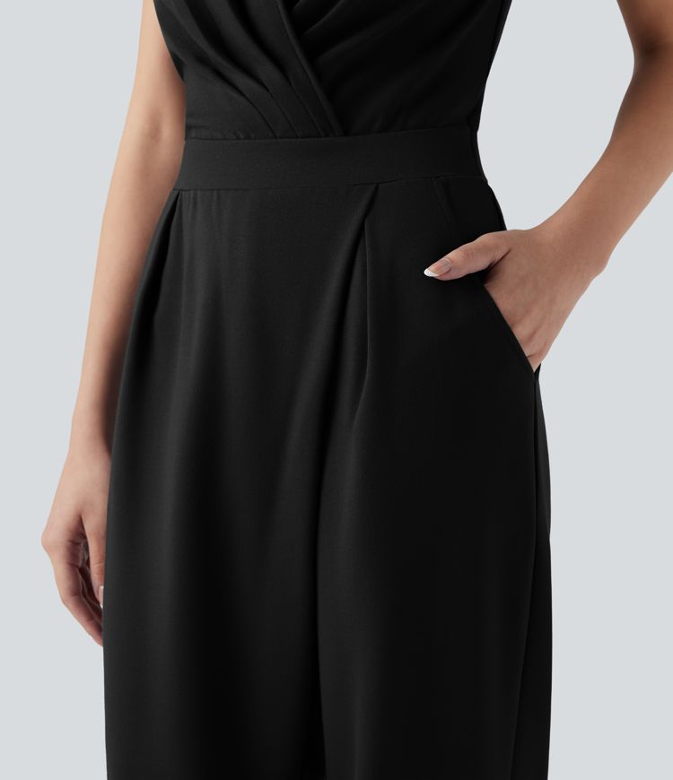 V-neck Sleeveless Work Tapered Jumpsuit with Pockets-Easy Peezy