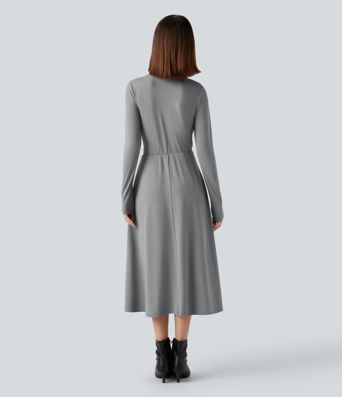 Vestido midi de trabajo de manga larga con cuello alto corto y bolsillos