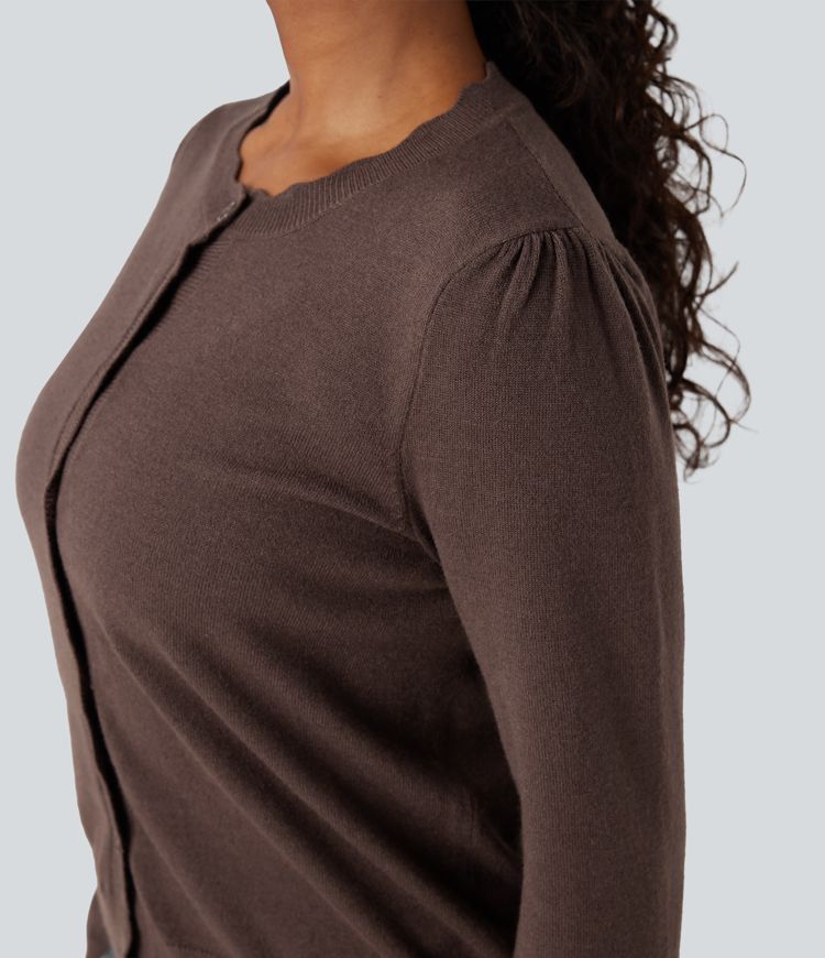 Cardigan décontracté col rond à manches longues avec ourlet festonné