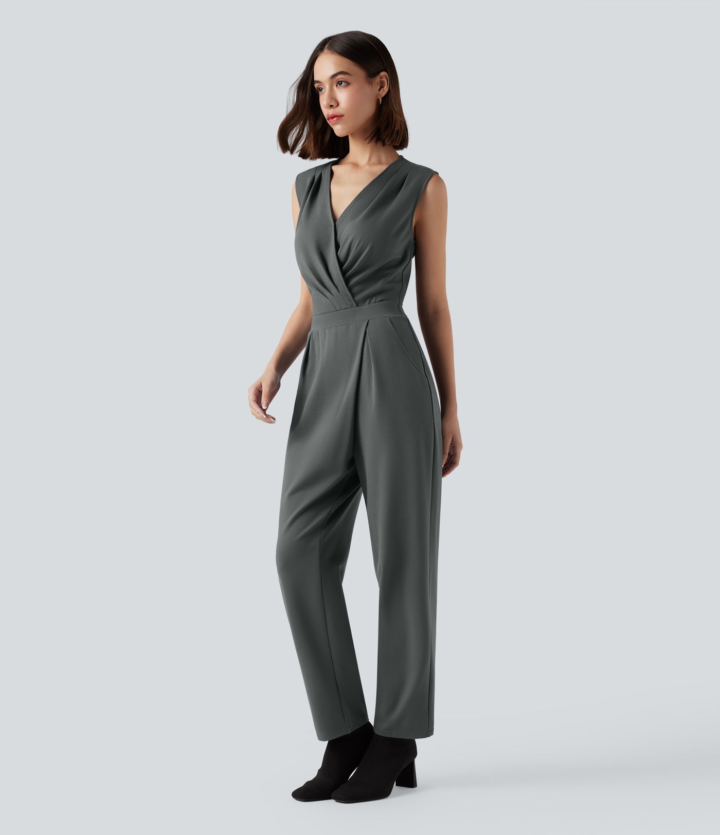 V-neck Sleeveless Work Tapered Jumpsuit with Pockets-Easy Peezy