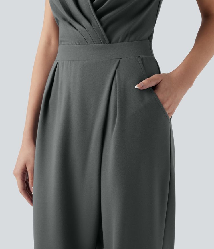 V-neck Sleeveless Work Tapered Jumpsuit with Pockets-Easy Peezy