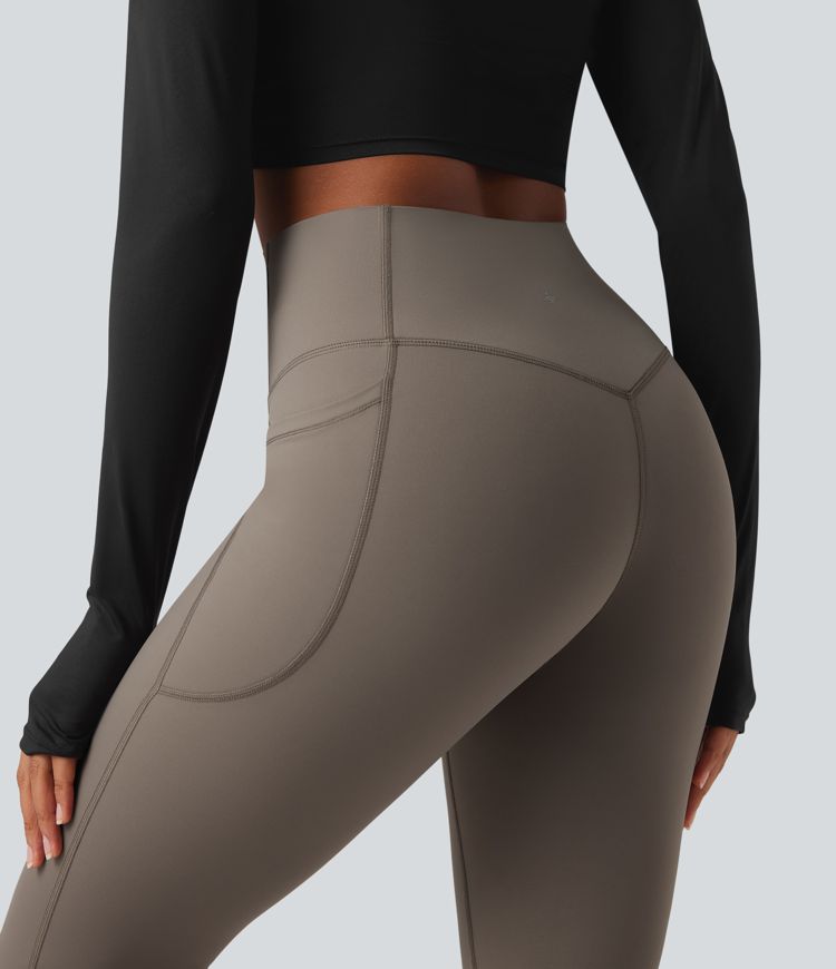 Legging évasé Doublé Polaire Femme - Taille Haute, Bootcut, Avec Poches - Pantalon Yoga Chaud D'hiver