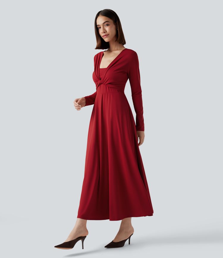 Long Sleeve Wrapped Tie Back 2-Piece Midi Dress with Pockets