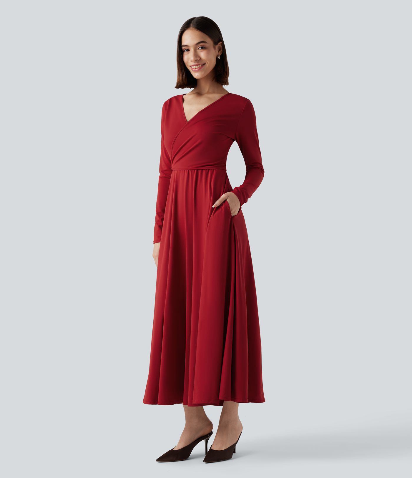 2-teiliges Midi-Wickelkleid mit Seitentaschen, langen Ärmeln und Bindeband hinten