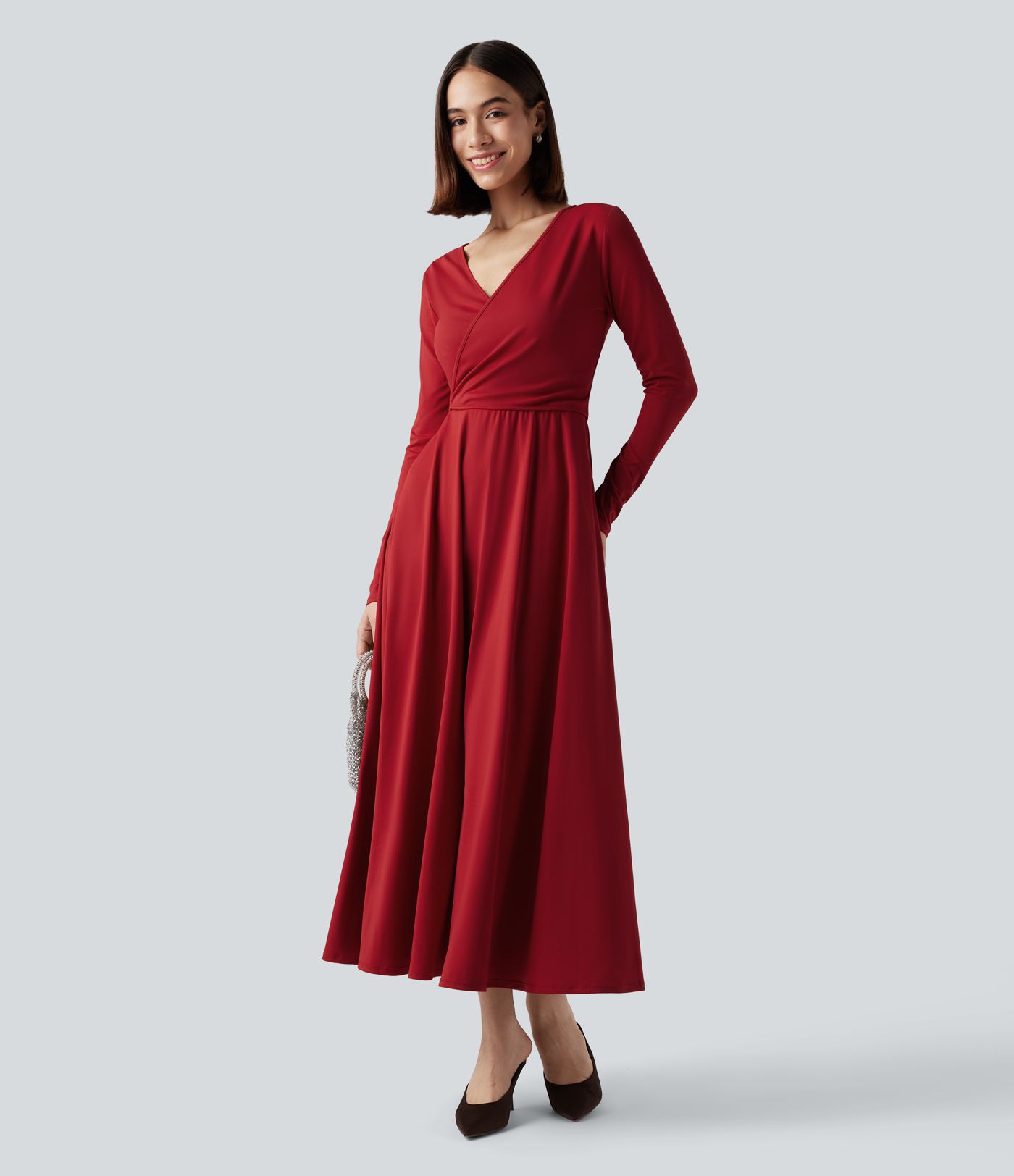 2-teiliges Midi-Wickelkleid mit Seitentaschen, langen Ärmeln und Bindeband hinten