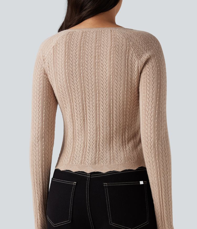 Square Neck Reglan Long Sleeve Scallop Hem Open Knit Casual Sweater