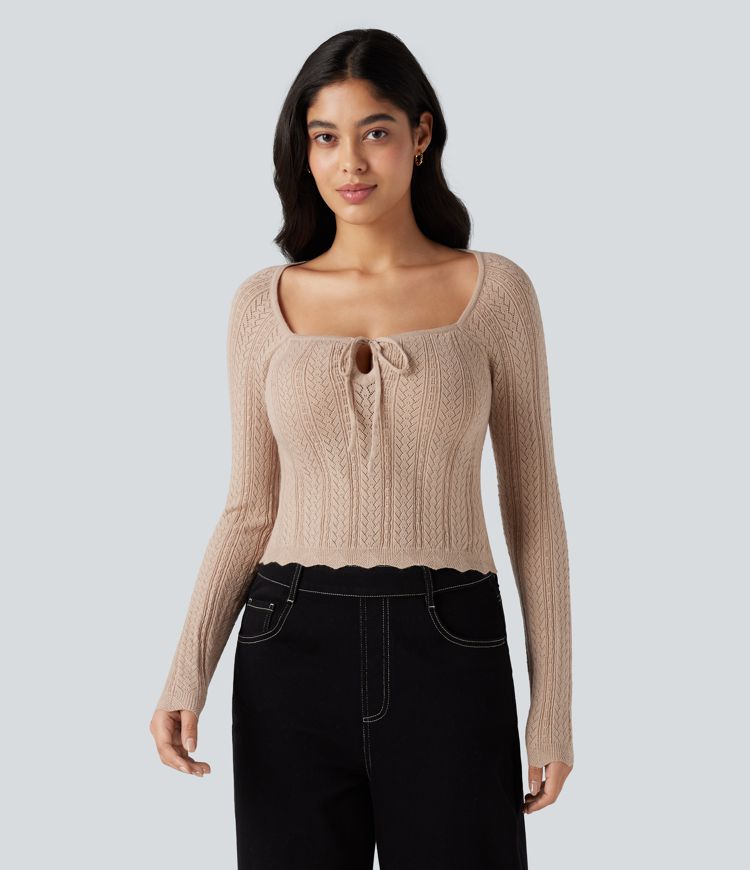 Square Neck Reglan Long Sleeve Scallop Hem Open Knit Casual Sweater