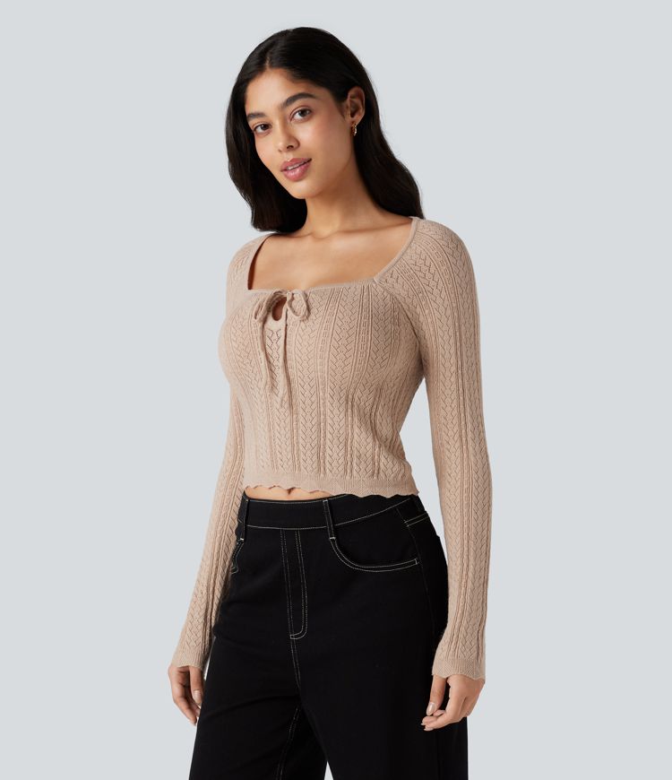 Square Neck Reglan Long Sleeve Scallop Hem Open Knit Casual Sweater