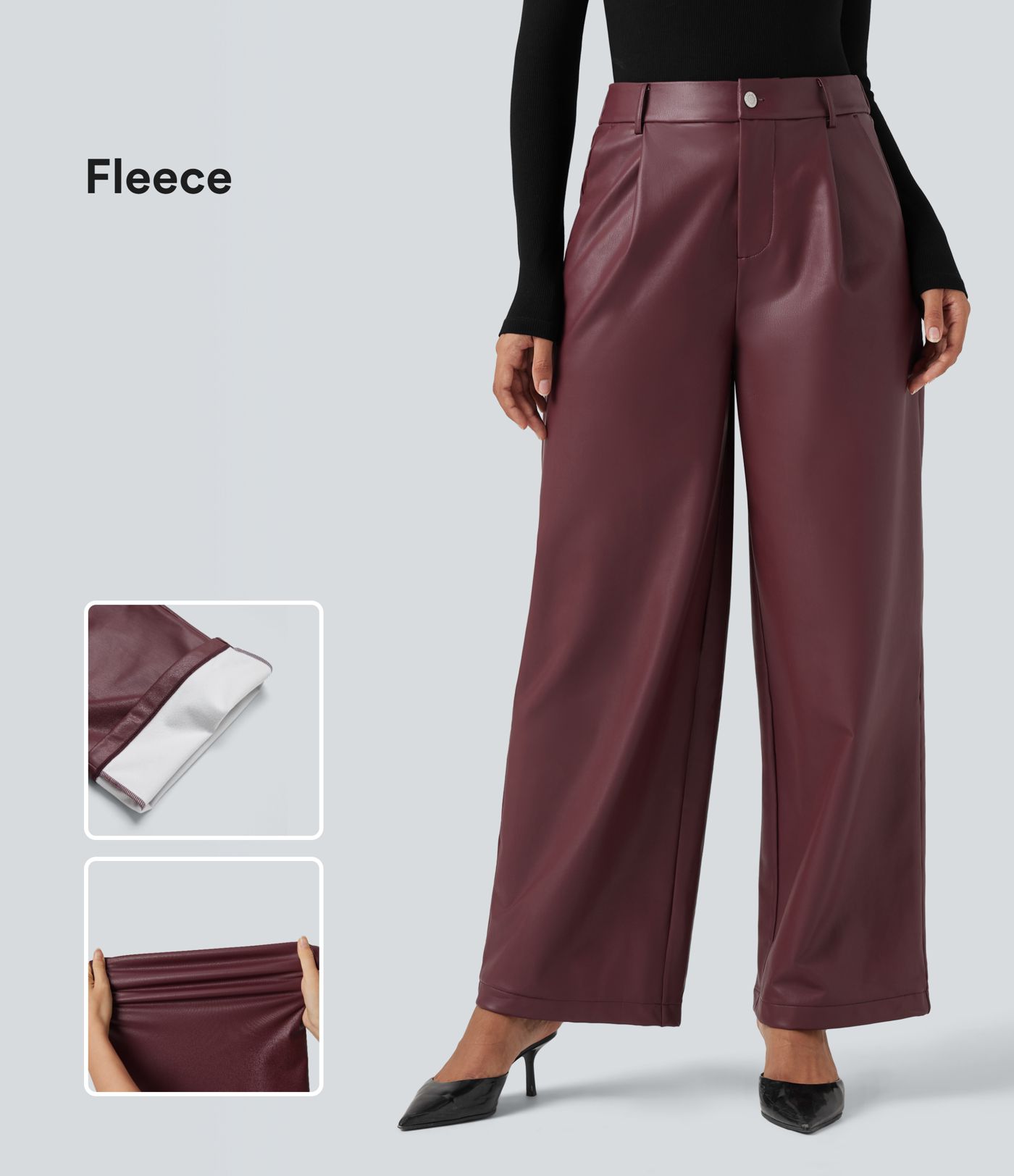 Lässige Fleecehose aus PU-Leder mit hohem Bund, Seitentaschen und weitem Bein Lässige Fleecehose aus PU-Leder mit hohem Bund, Seitentaschen und weitem Bein