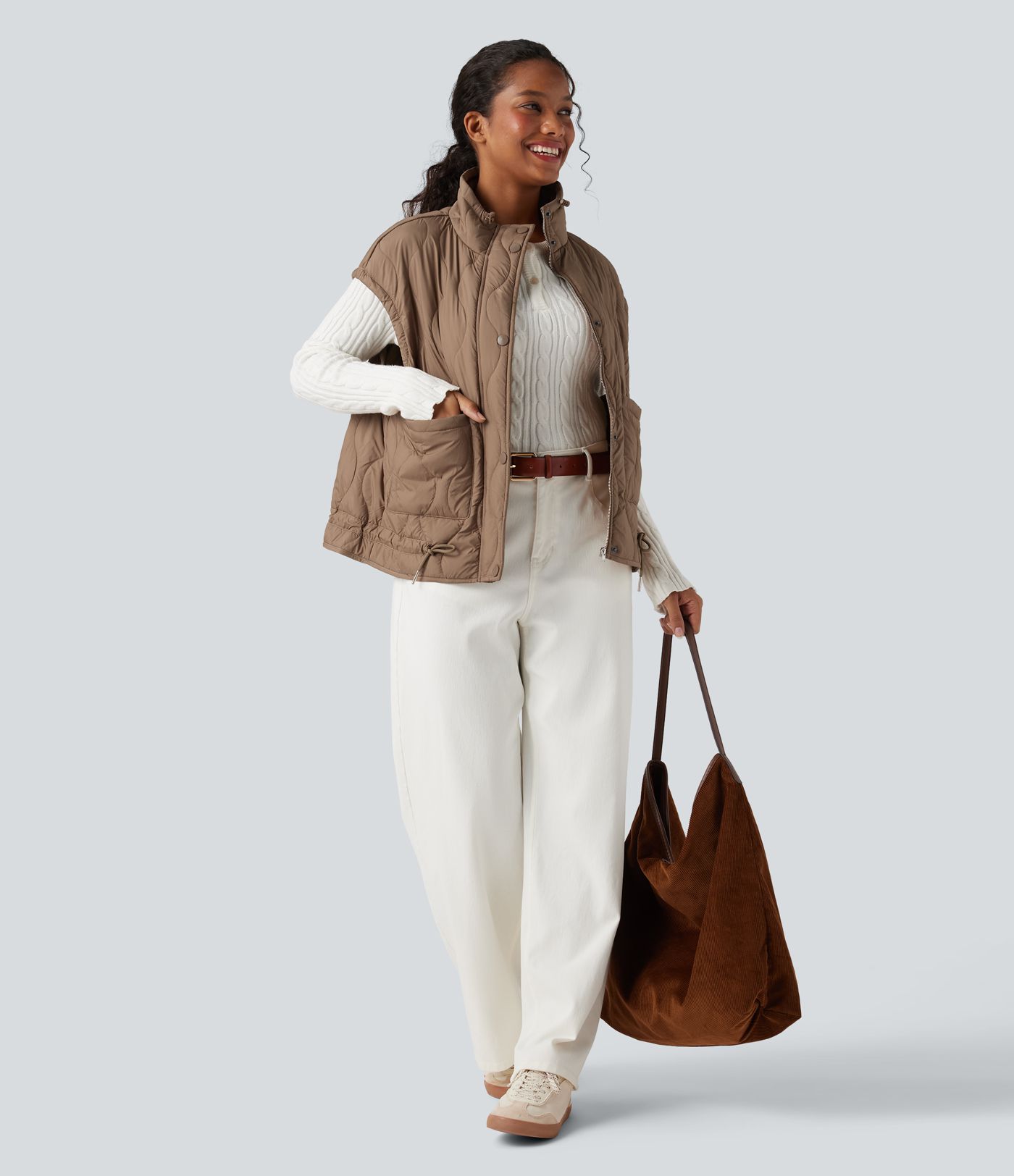 Durable Water Repellent High Neck Drawstring Hem Casual Quilted Synthetic Down Vest with Pockets