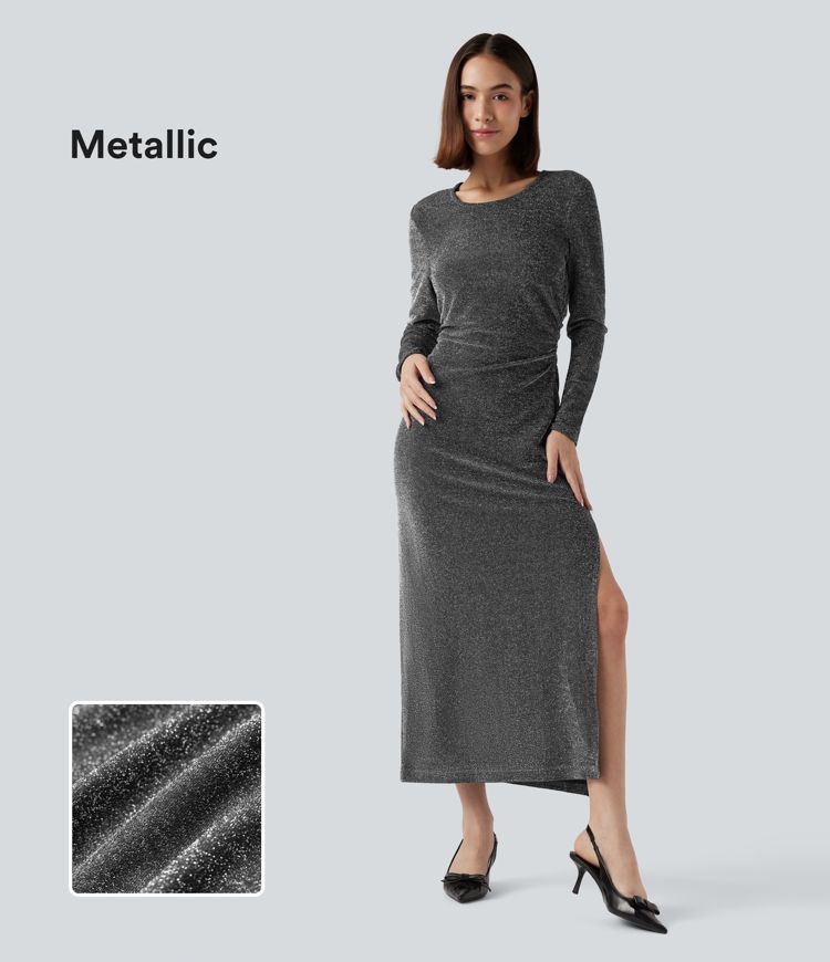 Tie Back Cut-out Long Sleeve Split Hem Midi Metallic Party Dress