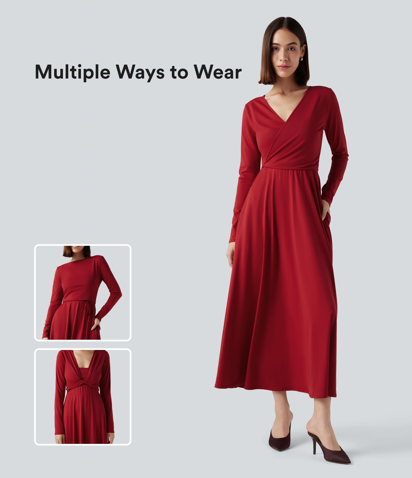 2-teiliges Midi-Wickelkleid mit Seitentaschen, langen Ärmeln und Bindeband hinten