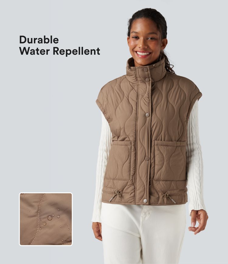 Durable Water Repellent High Neck Drawstring Hem Casual Padded Vest with Pockets