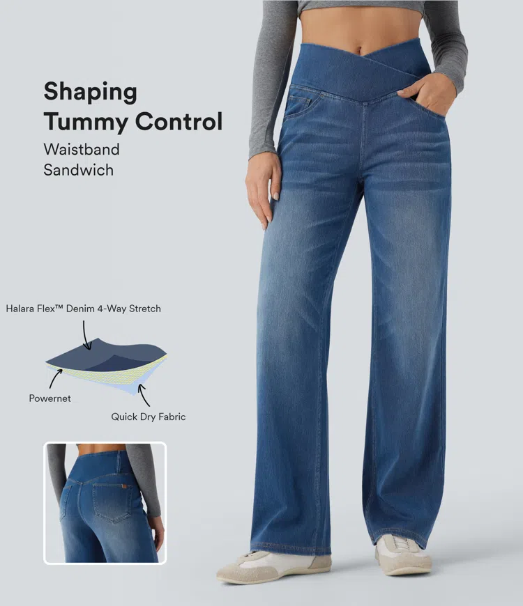 Halara Flex™ - Lässige Jeans mit hohem Crossover-Bund, Seitentaschen, Bauchkontrolle und geradem Bein