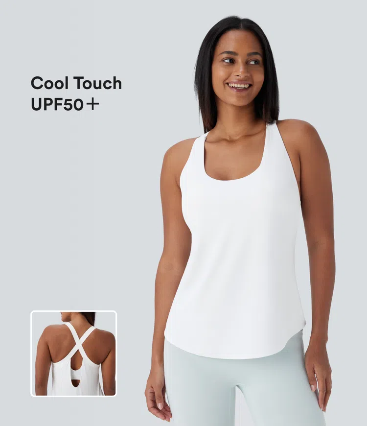 U Neck Built-in Bra Curved Hem Cool Touch Yoga Tank Top-UPF50+