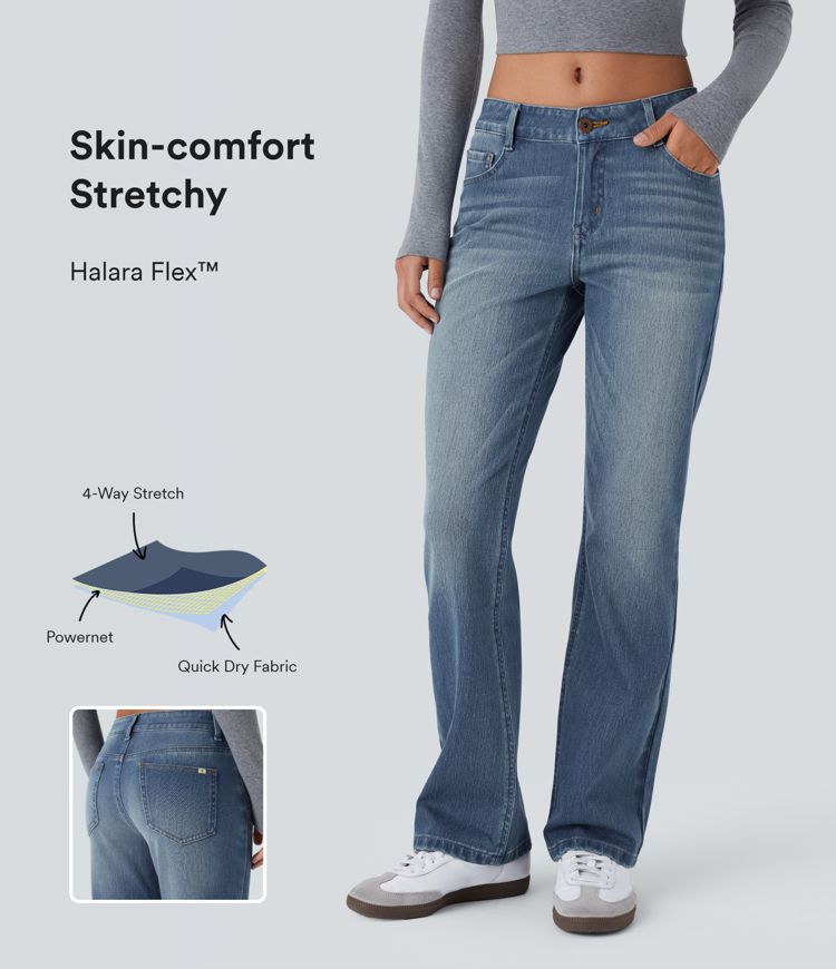 Halara Flex™ Lässige verwaschene Bootcut-Jeans aus elastischem Strick-Denim mit niedrigem Bund, Knopf, Reißverschluss und mehreren Taschen
