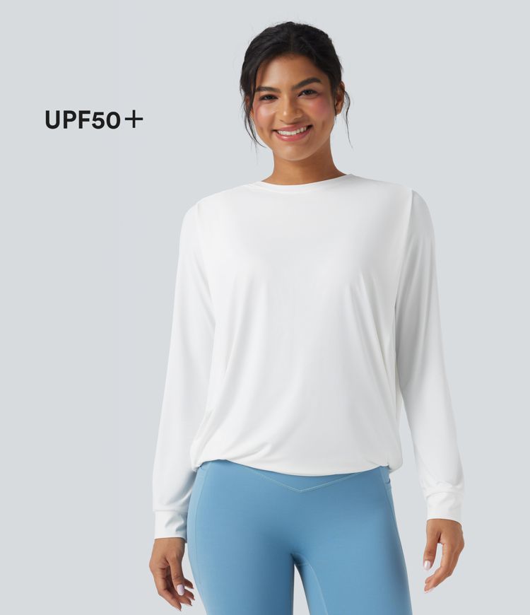 Round Neck Long Sleeve Ruched Yoga Sports Top-UPF50+