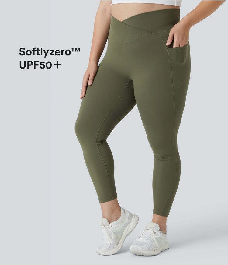 SoftlyZero™ High Waisted Crossover Pocket Plain Plus Size Full Length Leggings-UPF50+