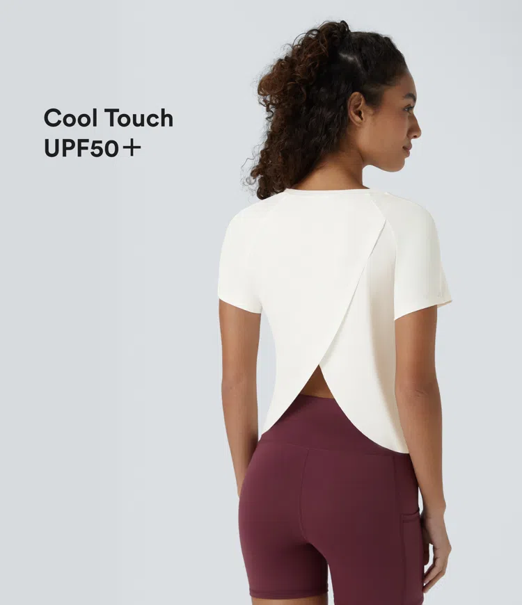 White Contrast Mesh Split Hem Short Sleeve InstantCool Yoga Sports Top-UPF50+ / 1
