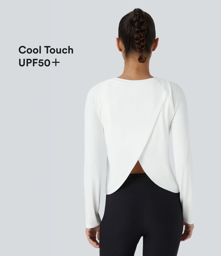 Contrast Mesh Hem Long Sleeve Cool Touch Yoga Sports Top-UPF50+