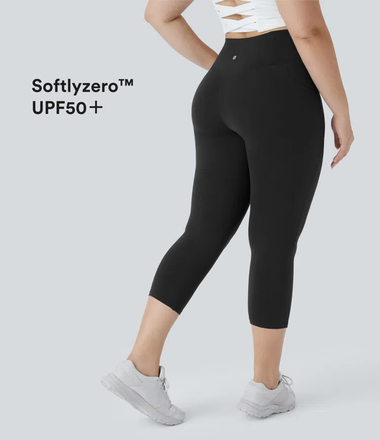 SoftlyZero™ High Waisted Crossover Pocket Capri Yoga Plus Size Leggings