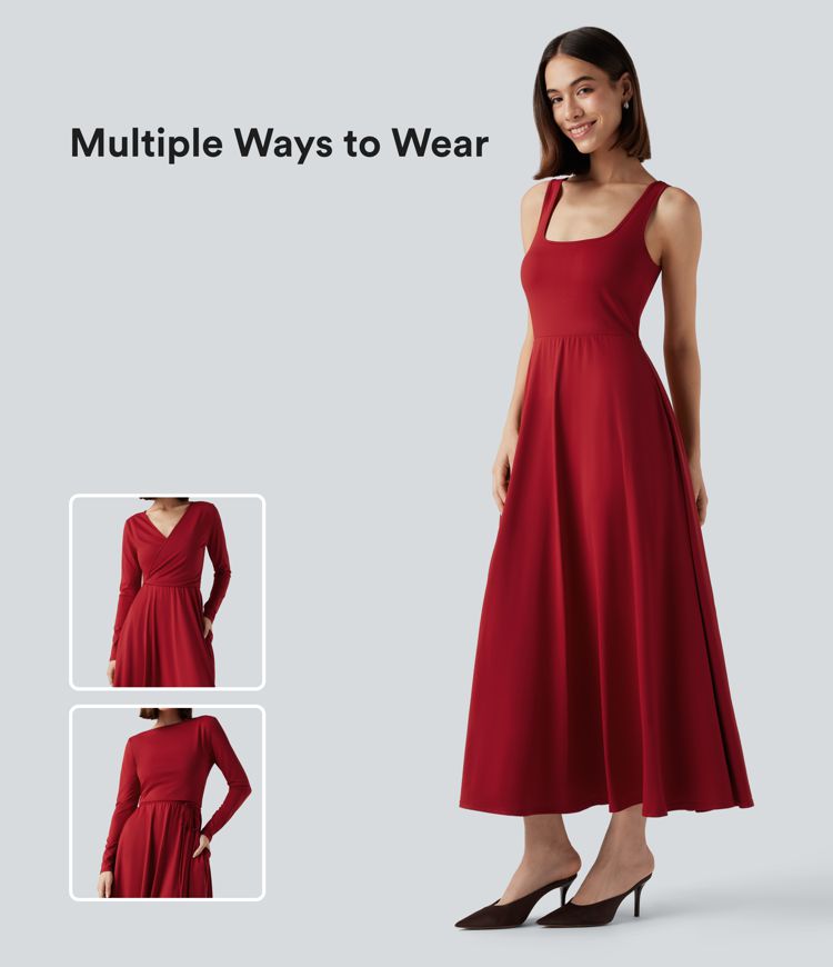 Long Sleeve Wrapped Tie Back 2-Piece Midi Dress with Pockets