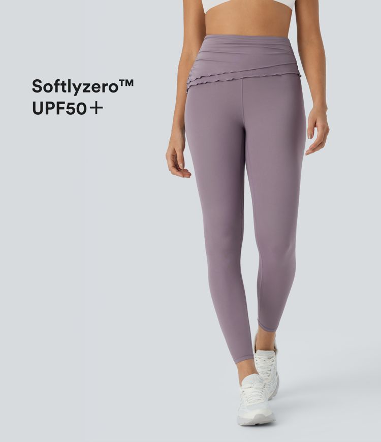 SoftlyZero™ High Waisted Foldover Ruched Lettuce Trim Ankle Length Yoga Leggings-UPF50+
