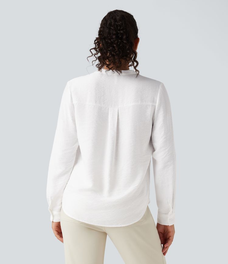 V-neck Roll Up Sleeve Curved Hem Work Blouse with Pockets