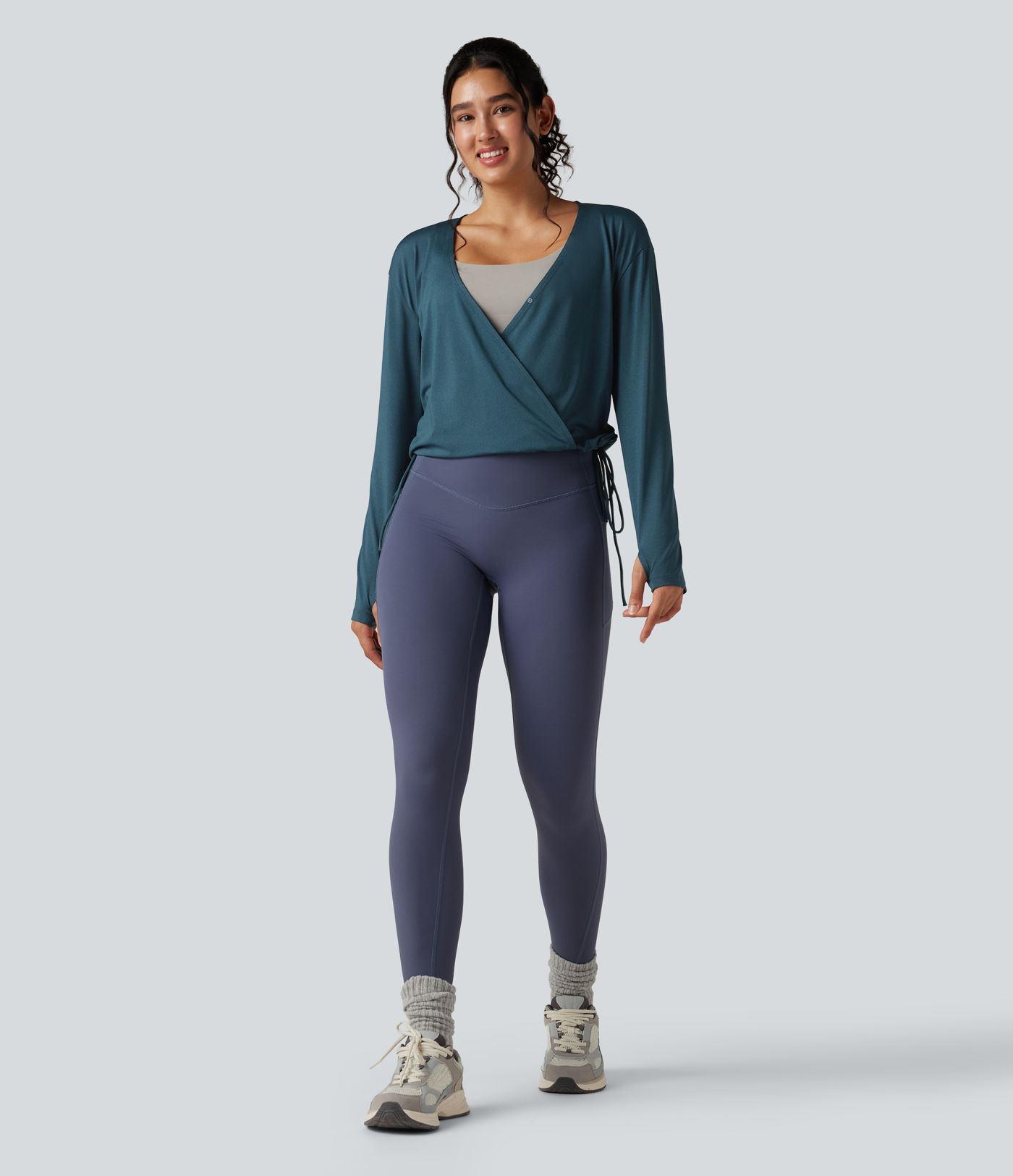 Deep V-neck Long Sleeve Thumb Holes Drawstring Hem Yoga Sports Top