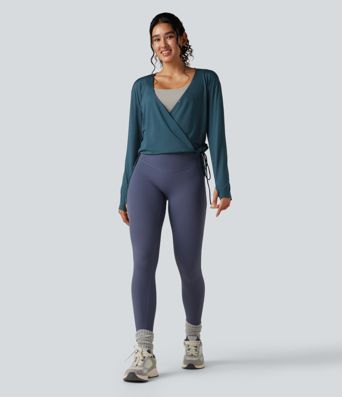 Deep V-neck Long Sleeve Thumb Holes Drawstring Hem Yoga Sports Top