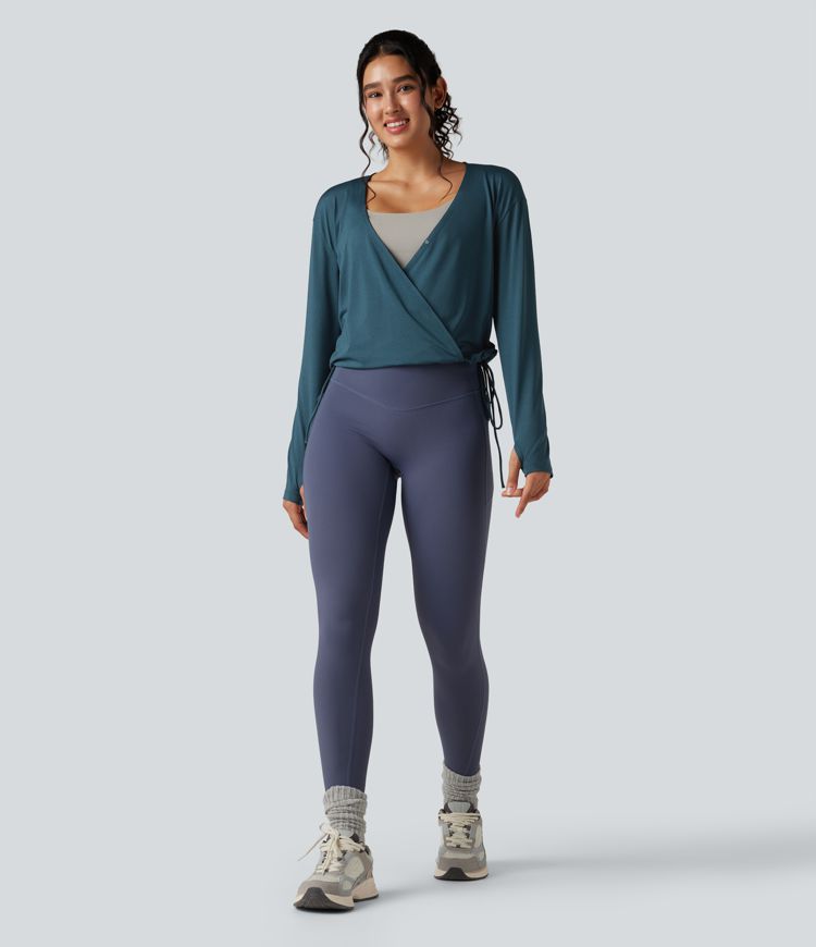 Deep V-neck Long Sleeve Thumb Holes Drawstring Hem Yoga Sports Top