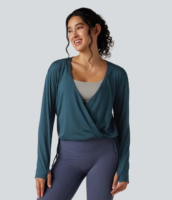 Deep V-neck Long Sleeve Thumb Holes Drawstring Hem Yoga Sports Top