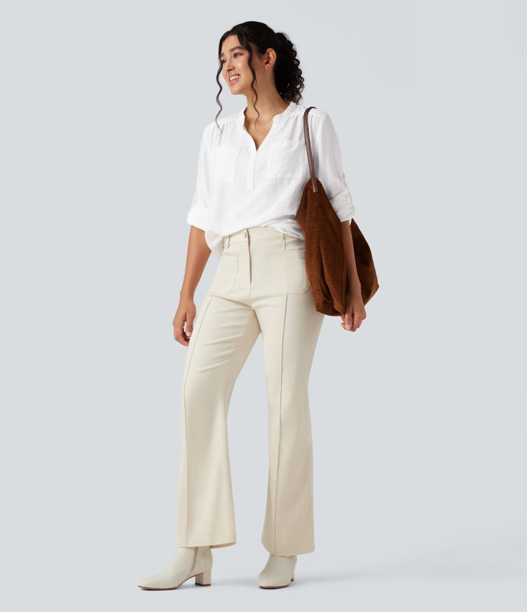 V-neck Roll Up Sleeve Curved Hem Work Blouse with Pockets