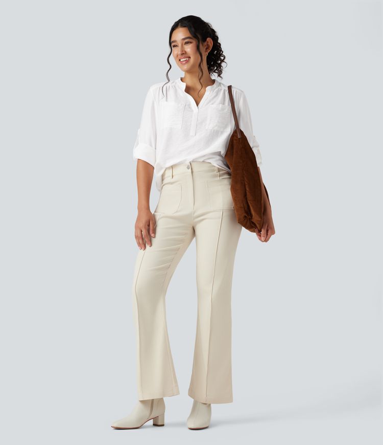 V-neck Roll Up Sleeve Curved Hem Work Blouse with Pockets