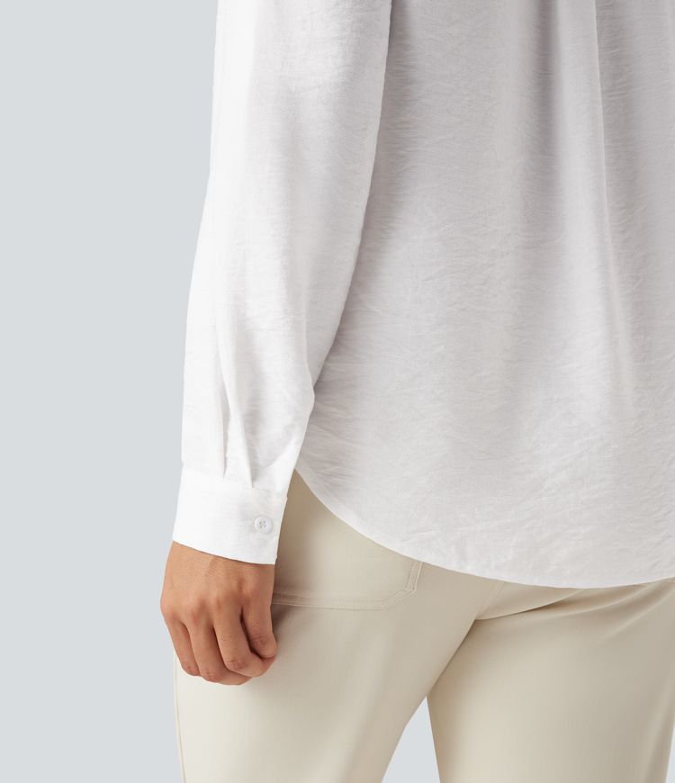 V-neck Roll Up Sleeve Curved Hem Work Blouse with Pockets