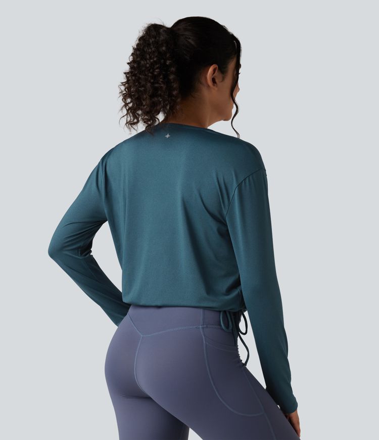 Deep V-neck Long Sleeve Thumb Holes Drawstring Hem Yoga Sports Top